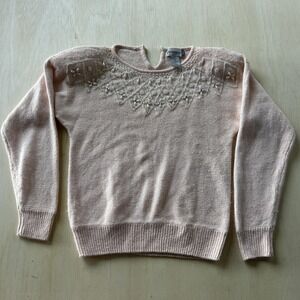 Vintage Diversity Sweater Women Small Petite Pink Beaded Floral Crew Neck Petite